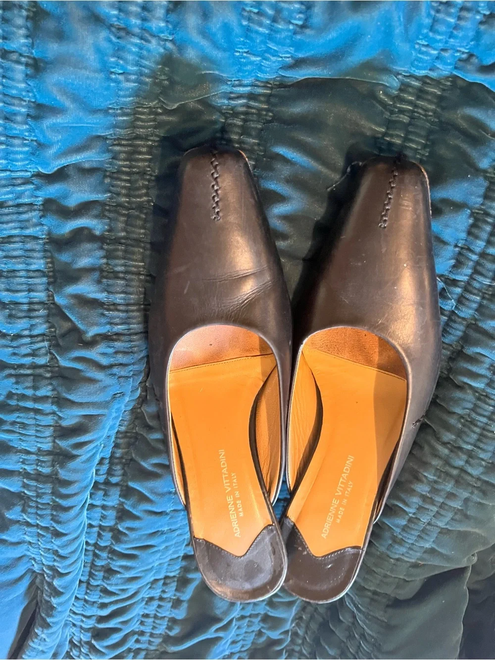 Adrienne Vittadini Black Leather Slip-On Flats with Tan Insole
